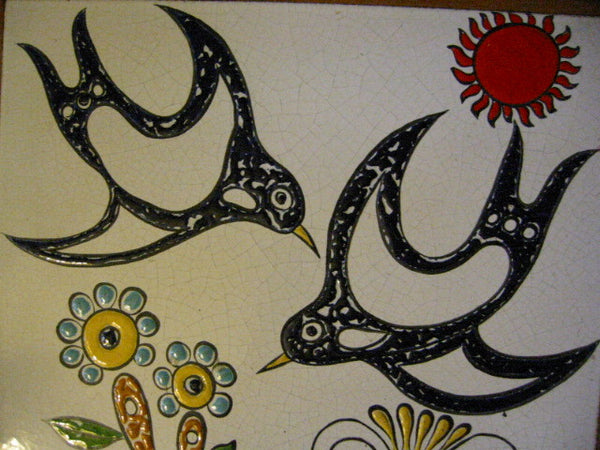 Porcelain Tile Art Monogram KN Hand Decorated Doves Flowers Sun - Designer Unique Finds 