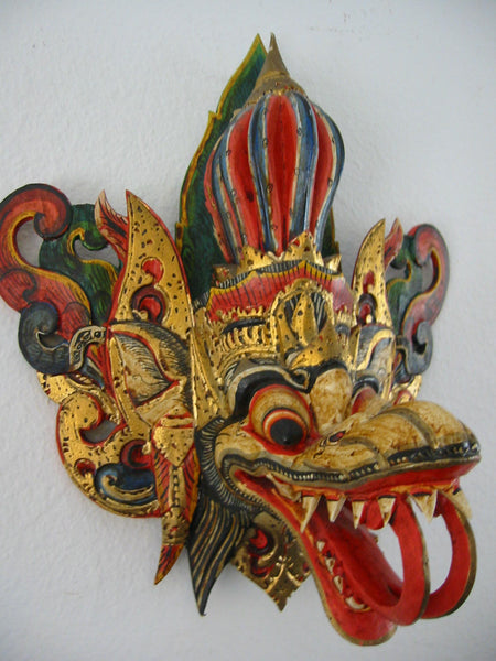 Asian Mask Hand Painted Wood Carving Colorful Gilt Decorated Tribal Art - Designer Unique Finds 
 - 1
