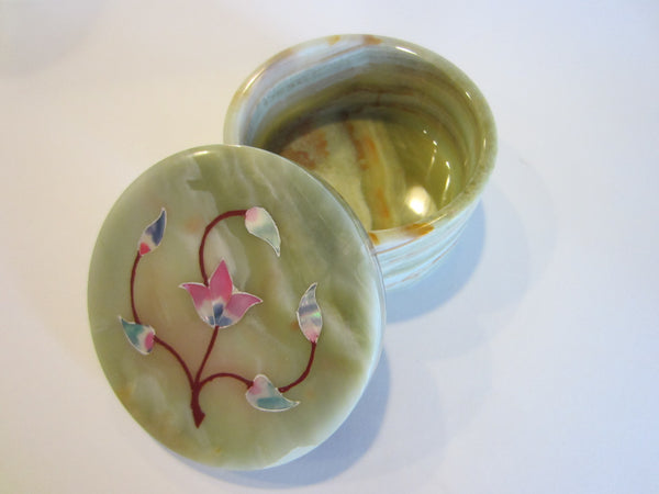 Pietra Dura Inlaid Flowers Decorative Green Round Marble Box - Designer Unique Finds 