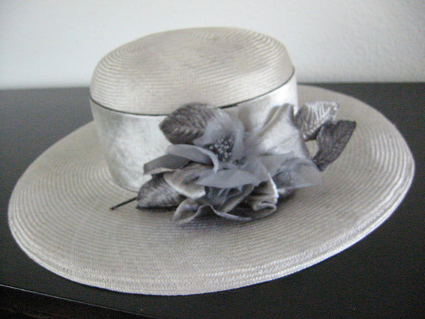Designer Joe Bill Miller Silver Gray Textile Hat Organza Flowers - Designer Unique Finds 
