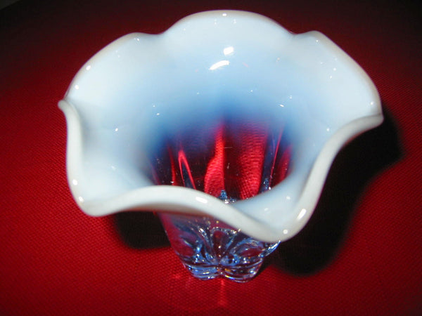 Blue Opalescent Ribbed Glass Flower Vase