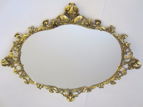 Baroque Ormolu Mirror Ruffled Floral Crest Brass Scrolled - Designer Unique Finds 
 - 1
