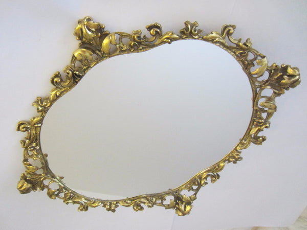Baroque Ormolu Mirror Ruffled Floral Crest Brass Scrolled - Designer Unique Finds 
 - 3