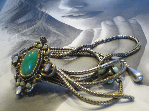 Victorian Book Piece Bracelet Green Jade Filigree Strands Turqoise Charm Opals - Designer Unique Finds 
 - 2