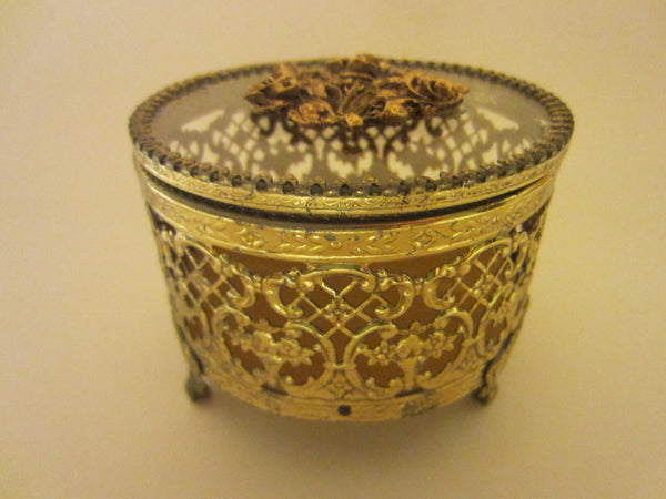 Mid Century Matson Style Ormolu Round Glass Top Rose Medallion Jewelry Box - Designer Unique Finds 