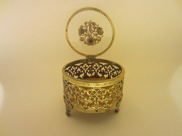 Mid Century Matson Style Ormolu Round Glass Top Rose Medallion Jewelry Box