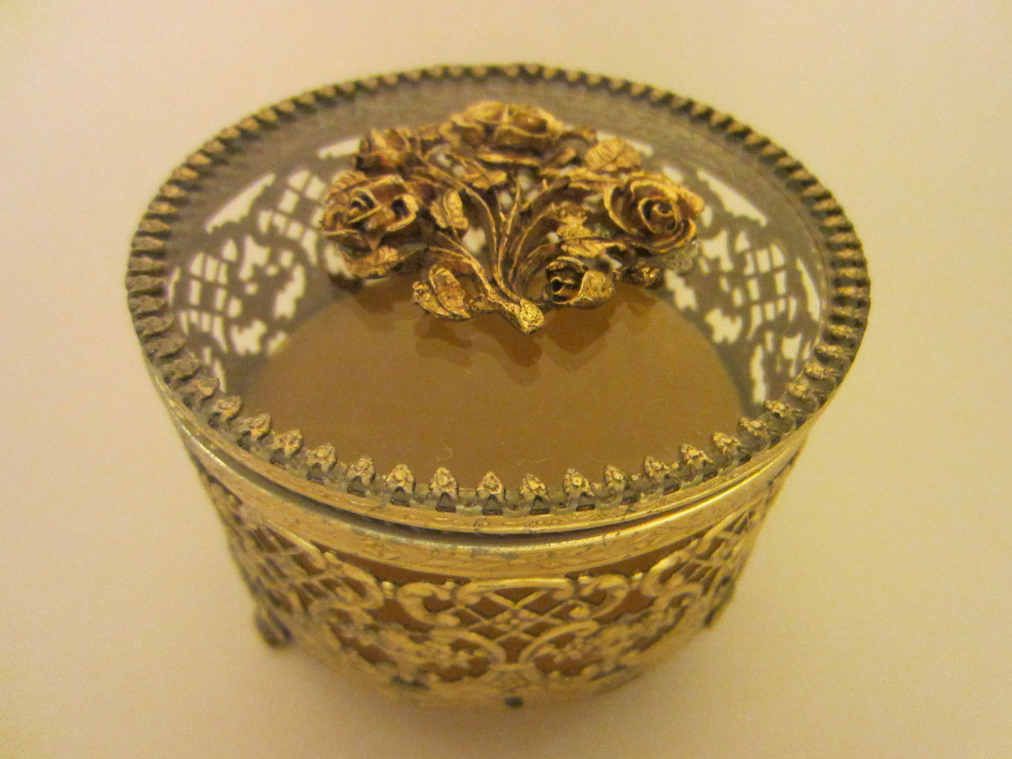 Mid Century Matson Style Ormolu Round Glass Top Rose Medallion Jewelry Box - Designer Unique Finds 