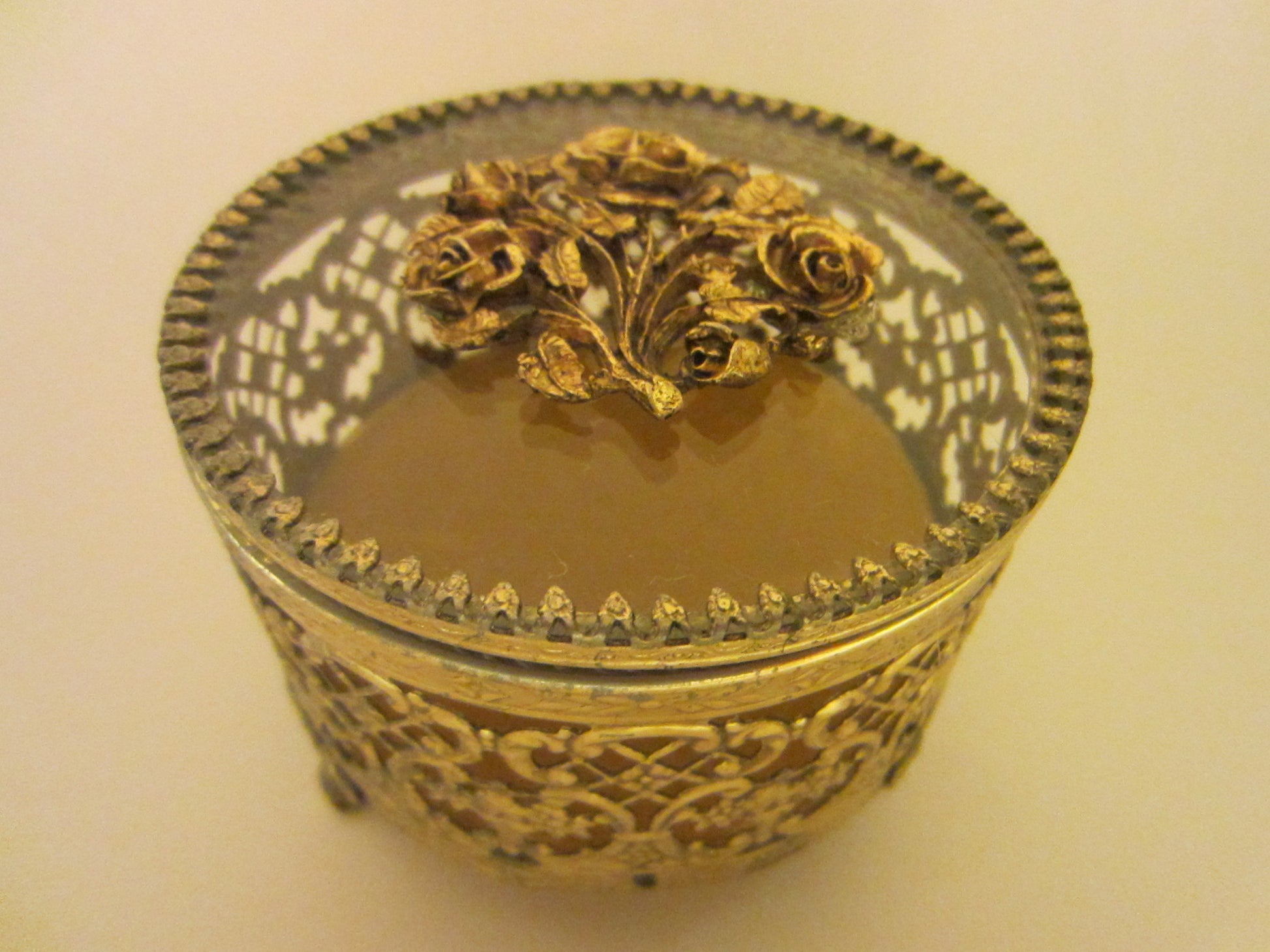 Mid Century Matson Style Ormolu Round Glass Top Rose Medallion Jewelry Box - Designer Unique Finds 