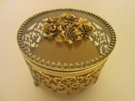 Mid Century Matson Style Ormolu Round Glass Top Rose Medallion Jewelry Box - Designer Unique Finds 
