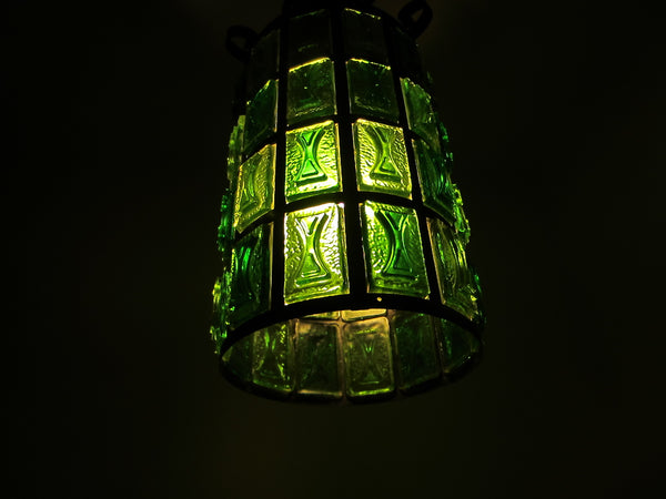 Mid Century Modern Pendant Ceiling Light Lantern Style Green Lucite  Metal Scrolled - Designer Unique Finds 