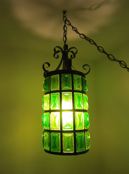 Pendant Ceiling Lantern Bright Light Green Lucite Shades Metal Scrolled Frame - Designer Unique Finds 
 - 1