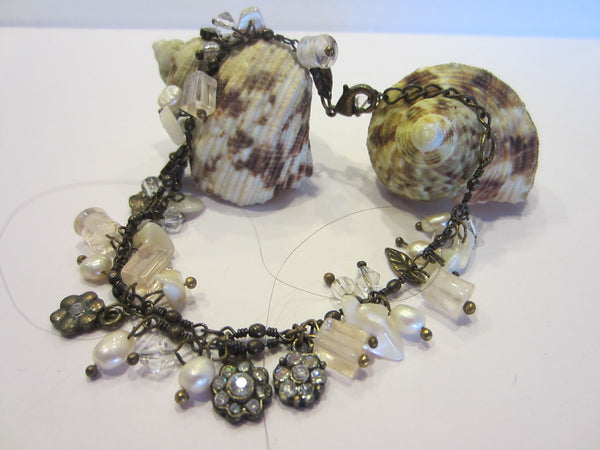 Charm Link Bracelet Symbolizing Flowers Faceted Gems Fresh Water Pearls