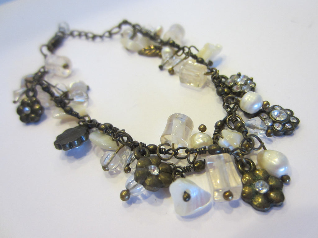 Charm Bracelet Flower Fresh Water Pearls Rhinestones Beads - Designer Unique Finds 
 - 2