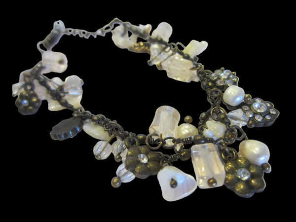 Charm Link Bracelet Symbolizing Flowers Faceted Gems Fresh Water Pearls