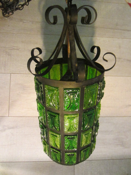 Pendant Ceiling Lantern Bright Light Green Lucite Shades Metal Scrolled Frame - Designer Unique Finds 
 - 4