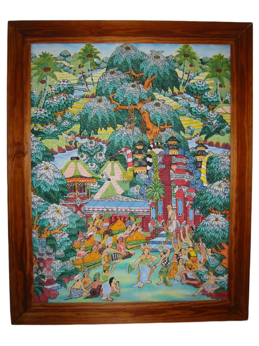 Impressionist Daily Life of Balinese Villagers Painting Signed Inombong Sayan Ubud - Designer Unique Finds 