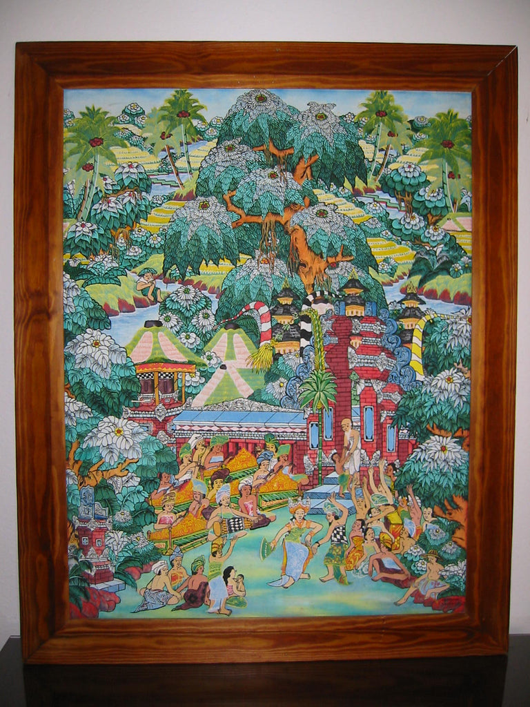 Impressionist Daily Life of Balinese Villagers Painting Signed Inombong Sayan Ubud - Designer Unique Finds 