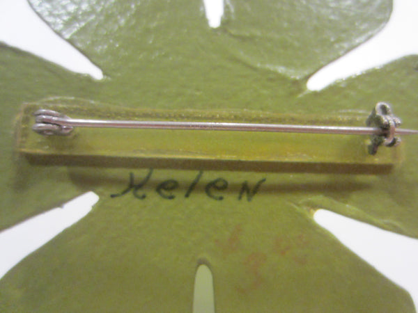 Avant Gaarde Brooch Mid Century Paper Mache Green Cabochon Signed Helen
