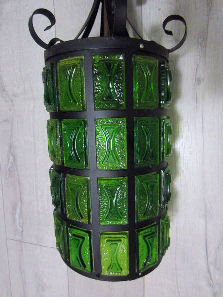 Mid Century Modern Pendant Ceiling Light Lantern Style Green Lucite  Metal Scrolled - Designer Unique Finds 