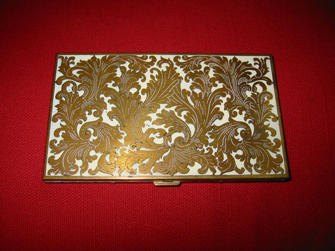 Volupte Mid Century White Enamel Floral Brass Card Case - Designer Unique Finds 
 - 1