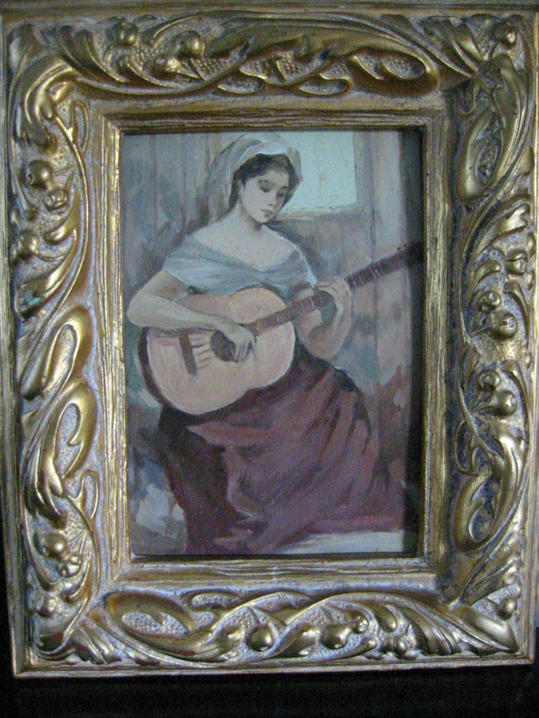H Mundy Guitar Player Female Portrait Oil On Panel - Designer Unique Finds 