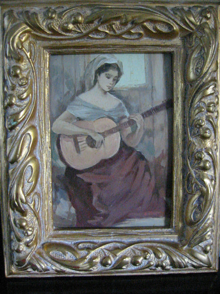 H Mundy Guitar Player Female Portrait Oil On Panel - Designer Unique Finds 
