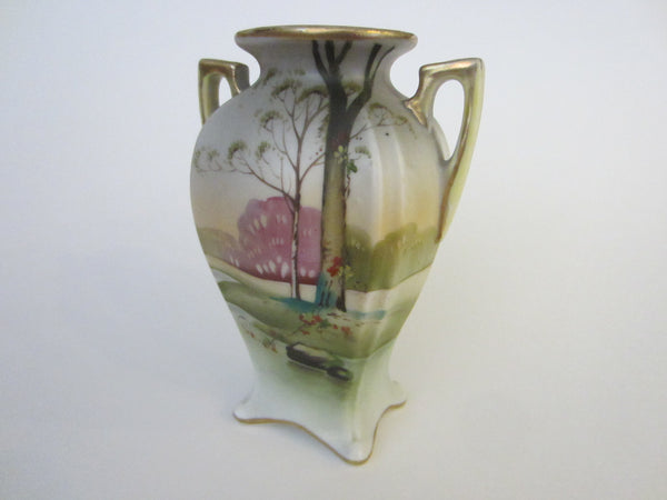 Hand Painted M Nippon Scenic Vase Gilt Handles Attributes Noritake - Designer Unique Finds 