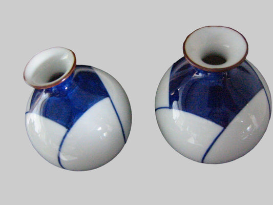 Porcelain Vases Art Deco Blue White Asian Geometric Design - Designer Unique Finds 