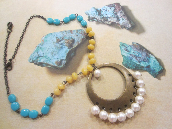Folk Art Stylish Re Claimed Necklace Decorated Turquoise Yellow Pearl Beads