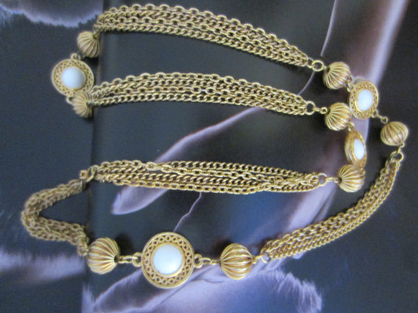 White Summer Milk Glass Beads Golden Link Chain Necklace - Designer Unique Finds 