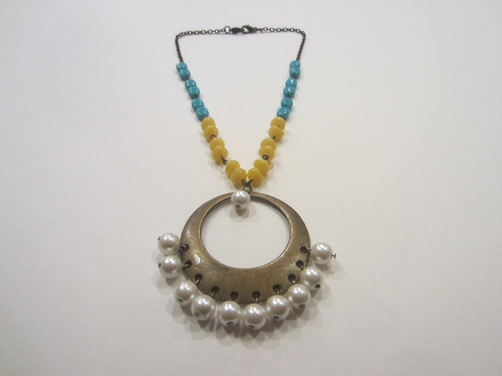 Folk Art Stylish Re Claimed Necklace Decorated Turquoise Yellow Pearl Beads