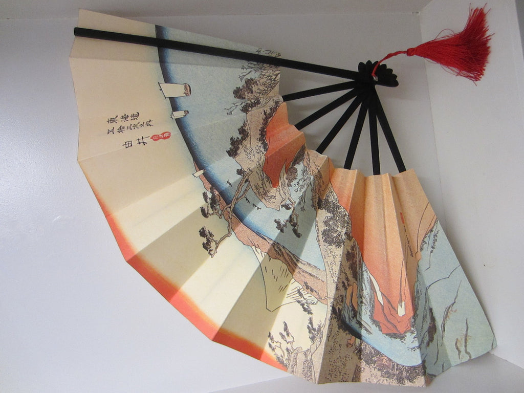 Asian Paper Fan Japanese Mountain Asian Red Tassel Calligraphy Signature - Designer Unique Finds 