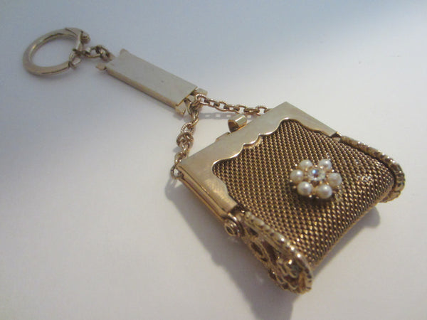 Mid Century Golden Mesh Purse Key Chain Floral Beaded Medallion