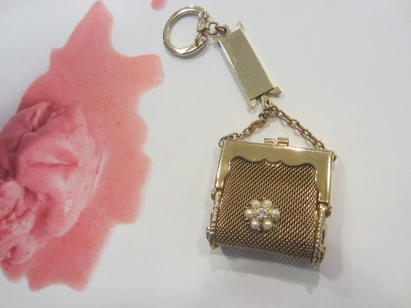 Mid Century Golden Mesh Purse Key Chain Floral Beaded Medallion