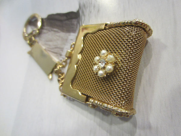 Mid Century Golden Mesh Purse Key Chain Floral Beaded Medallion