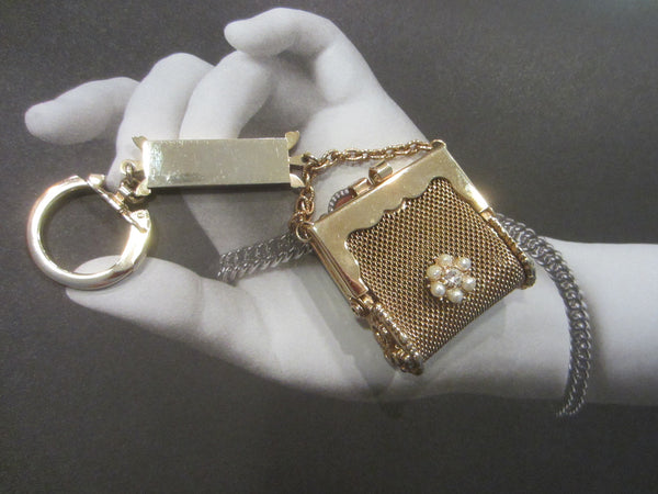 Mid Century Golden Mesh Purse Key Chain Floral Beaded Medallion