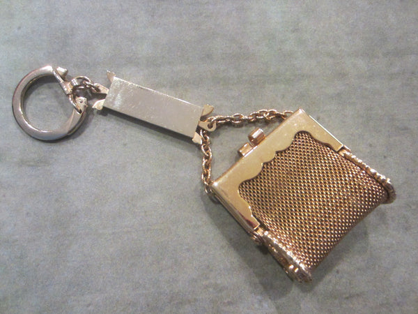 Mid Century Golden Mesh Purse Key Chain Floral Beaded Medallion