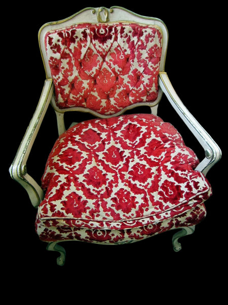 Hibriten French Arm Chair Red Granades Motif Applique Velvet Upholstery