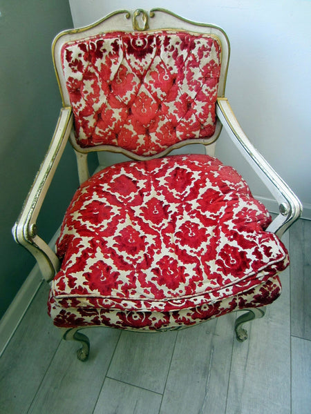 Hibriten French Arm Chair Red Granades Motif Applique Velvet Upholstery