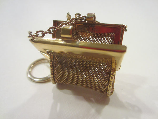 Mid Century Golden Mesh Purse Key Chain Floral Beaded Medallion