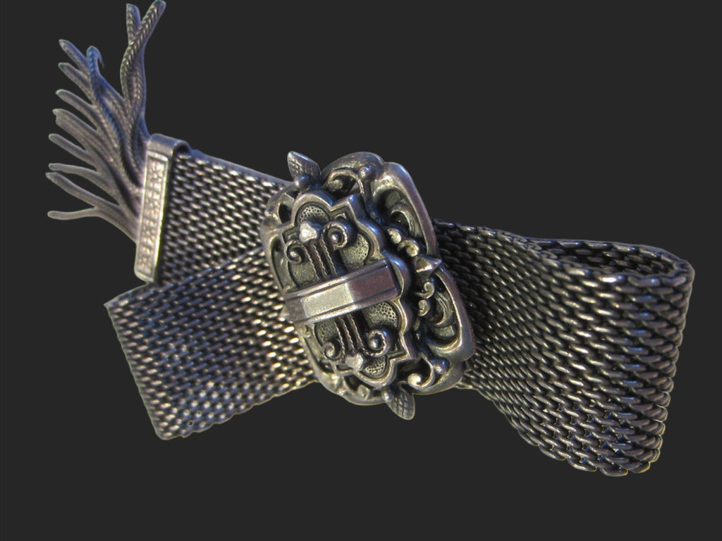 Etruscan Medallion Clasp Mesh Tassel Motif Slide Bracelet – Designer Unique  Finds