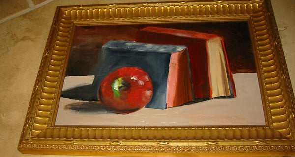 Still Life Red Apple And Books Oil On Panel - Designer Unique Finds 