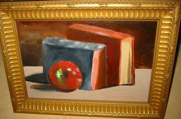 Still Life Red Apple Books Mid Century Oil On Panel Painting