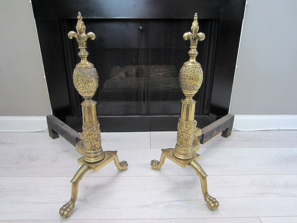 French Claw Foot Brass Andirons Late 18th Century Fleur D Elise Finial