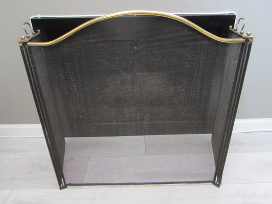 Fireplace Mesh Screen Tri Fold Brass Frames Two Handles - Designer Unique Finds 