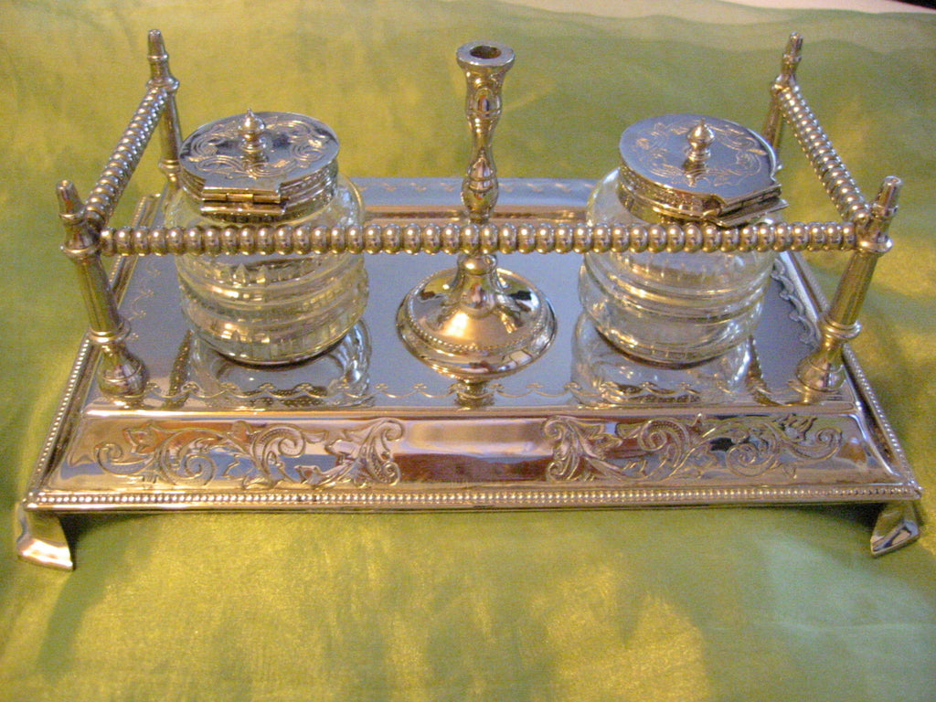 Crystal Inkwells Silver Tray Footed Candle Stand Pen Holder - Designer Unique Finds 