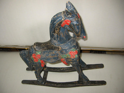 Christmas Rocking Horse Hand Decorated Painted Distressed Sculpture - Designer Unique Finds 