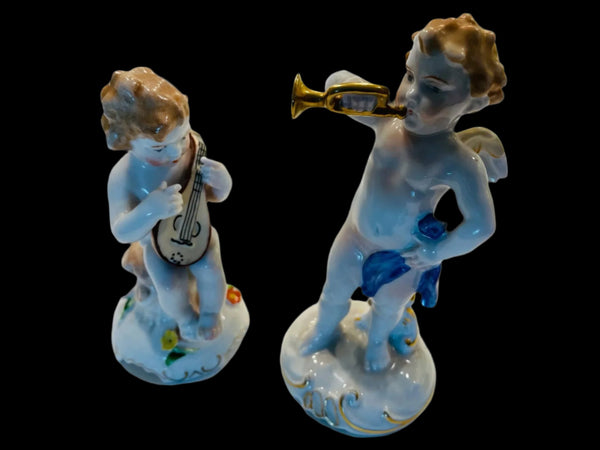 Heraldic Porcelain Angels Germany Von Schierholz Handmaleiei Mandolin Player Figures