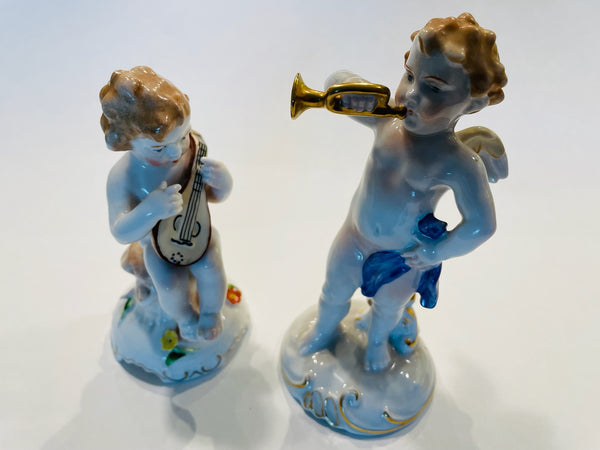 Heraldic Porcelain Angels Germany Von Schierholz Handmaleiei Mandolin Player Figures