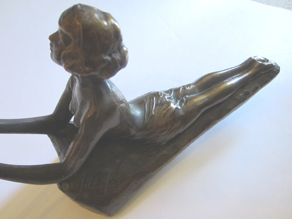 Mid Century Modern Bronze Figurative Reclining Woman Statue Table Light
